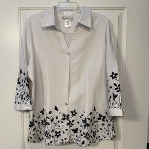 Vintage 80s 90s Cotton Button Blouse White W/‎ Blue Floral Women's XL 3/4 Sleeve